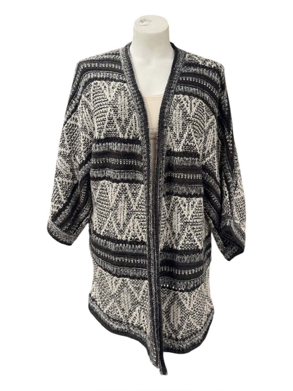 Jess Black & Cream Open-Front Geometric Knit Cardigan Sweater Size S